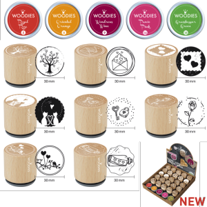 Woodies Présentoir AMOUR 25 tampons motifs, 5 encreurs.