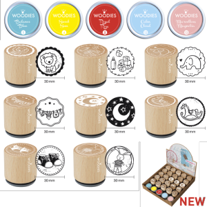 Woodies Présentoir BÉBÉ 25 tampons motifs, 5 encreurs.
