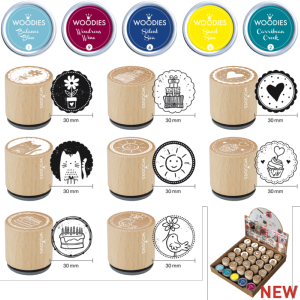 Woodies Présentoir CADEAUX 25 tampons motifs, 5 encreurs.