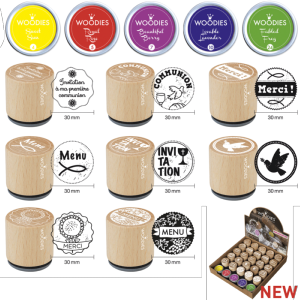 Woodies Présentoir COMMUNION/CONFIRMATION 25 tampons, 5 encreurs