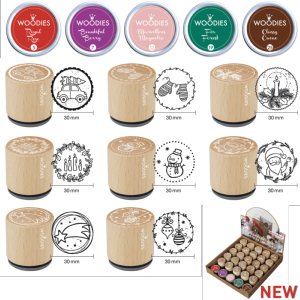Woodies Présentoir NOËL 25 tampons motifs, 5 encreurs.