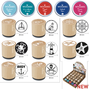 Woodies Présentoir MARITIME 25 tampons motifs, 5 encreurs.